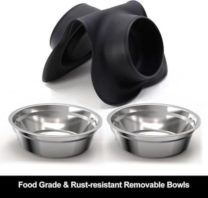 Pet Deluxe Dog Bowls Stainless Steel Dog Food Water Bowl Set with Stand, Feeding Bowls No Spill Non-Skid Silicone Mat, Dog Dishes for Small Medium Large Size Dog Puppy Pet Food Bowls, Black, 4 Cup