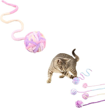 3Pcs Woolen Cat Ball with Bell Inside, Interactive Kitten Catnip Toys for Indoor Cats, Chew Jingle Ball with String Spring Toy (Color-6)