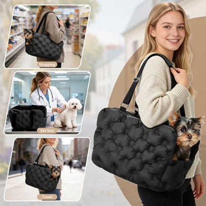Dog Purse Carrier for Small Dog Cats, Soft Quilted Puppy Carrier Soft-Sided Carriers Bag, Luxury Stylish Small Dog Cat Travel Tote for Pets Up to 11 lbs (Black, 15.7" L x 7.9" W x 7.1" H) - Image 6