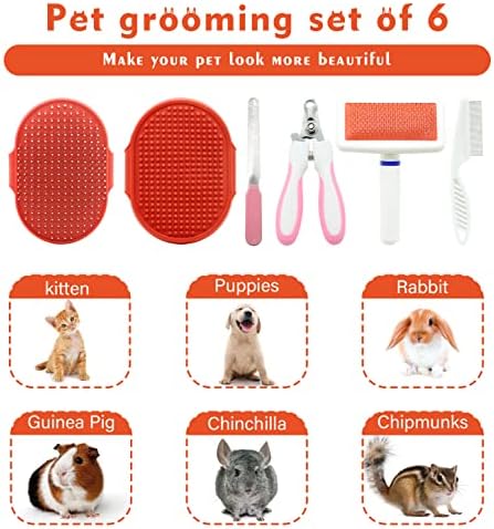 Cat Grooming Kit Set with Pet Shedding Slicker Brush Nail Clipper Trimmer Pet Massage Bath Glove Flea Comb for Bunny Puppy Kitten Guinea Pig Chinchilla Ferret Small Animals (Red, Pink) - Image 3