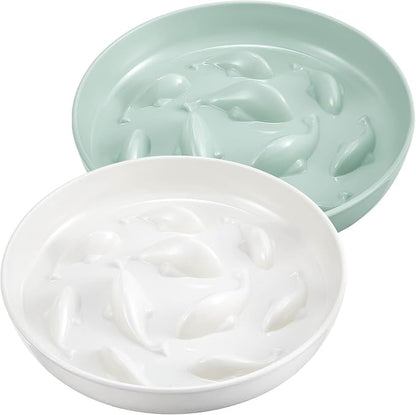 Nitial 2 Pcs Cat Slow Feeder Bowl Fish Pool Design Feeder Dish Fun Interactive Cat Food Bowl Healthy Eating Diet Bowls for Pet Puppy Dogs Dishwasher Safe(White, Green)
