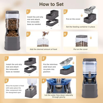2 Pack Automatic Cat Feeder and Water Dispenser 1.3 Gallon Dog Gravity Food Feeder and Water with Ice Pack Stainless Steel Dry Food and Water Bowl for Small Medium Large Pets (Grey) - Image 4
