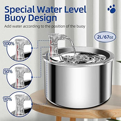 Homtyler Cat Water Fountain, Stainless Steel Inside Ultra-Quiet Pump, 2L/67oz Automatic Dog Dispenser Water Bowl, Multiple Pets Water Fountain - Image 6
