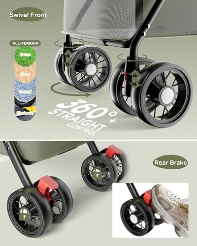 GTPLAYER Foldable Pet Stroller for Small Dogs and Cats, Hold Up to 33 lb, 4-Wheel Stroller with 2 Safety Tethers, Breathable Mesh, Lockable Front Wheels, Cup Holder/Tray & Storage Pocket, Forest Green - Image 7