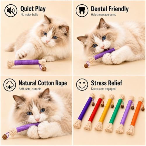 Bent Cat Rope Toy, Pet Chew Toys, Interactive Tease Toys for Cats and Kittens, Bite-Proof Playthings, Cotton Rope Kitten Toys Dental Care Stress Relief Pet Supplies (Medium 6 Pack) - Image 2
