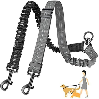 AUTOWT Two Dog Lead, 2 in 1 Upgraded Double Dog Leash Attachment Combine Adjustable Strap and Shock Absorbing Bungee No Tangle Dual Training Splitter for Medium Large Dogs (Black & Grey) by AUTOWT