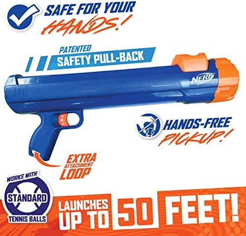 Nerf Dog Large Size Tennis Ball Blaster Dog Toy, Great for Fetch, Hands-Free Reload, Launches up to 50 ft, Single Unit, 20in Blaster with 3 Balls in Mesh Bag, Blue/Orange, Blue, Green and Orange - Image 3