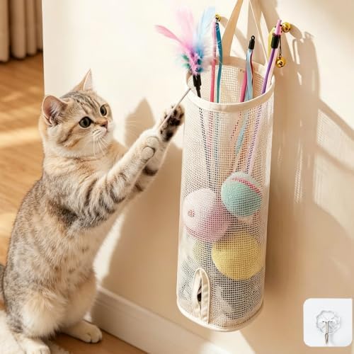 15.16x4.3 Inch Cat Wand Toy Holder Organizer Storage Bag - Special Bottom Opening Design, Pet Kitten Stick Doy Toy Mesh Pockets for Cat Feather Teaser Toys Wall Hanging Basket Box Bin by GSNYSAN