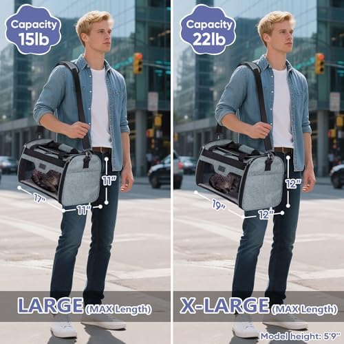 BALEINE Cat Carrier, Puppy Dog Carrier for Small Medium Pets Up to 15 Lbs, Soft-Sided Dog Travel Bag with Safety Zippers, Collapsible Pet Carrying Case (Gray, L, 17"x11"x11") - Image 6
