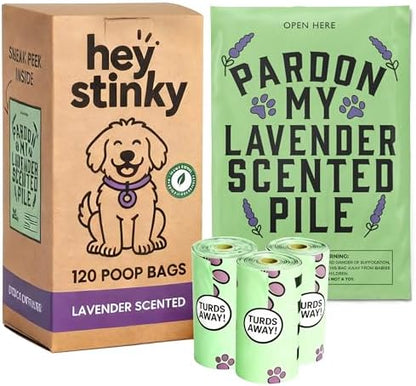 Dog Poop Bags 120 Count – Leakproof, Easy Open, Lavender Scent | Extra Thick Plant-Based PLA + PBAT, Fits All Dispensers | Funny Hey Stinky Design – Proudly Supporting Service & Therapy Dogs by HeyStinky
