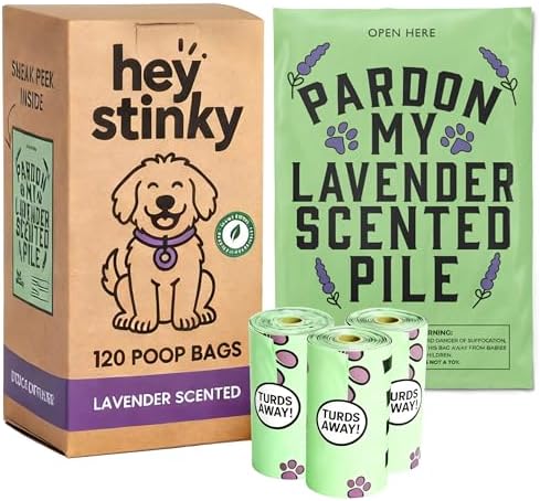 Dog Poop Bags 120 Count – Leakproof, Easy Open, Lavender Scent | Extra Thick Plant-Based PLA + PBAT, Fits All Dispensers | Funny Hey Stinky Design – Proudly Supporting Service & Therapy Dogs by HeyStinky