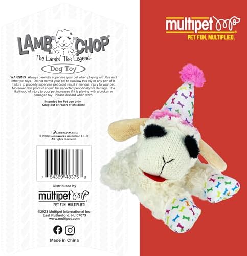 Multipet Lamb Chop Dog Plush Toy w/Birthday Hat - Squeaky Toy for All Dogs - Soft Plush - Stuffed Animal Dog Toys for Playing - Cute Birthday Toy (10.5”, Pink Hat, 5 Squeakers) - Image 5