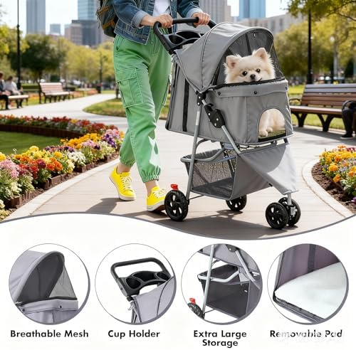 3 Wheels Pet Stroller,Storage Basket and Cup Holder, Breathable Mesh, Waterproof and Foldable for Small/Medium Dogs and Cats Strollers, Lightweight Travel Carrier for Daily Walks & Outdoor，Grey - Image 7