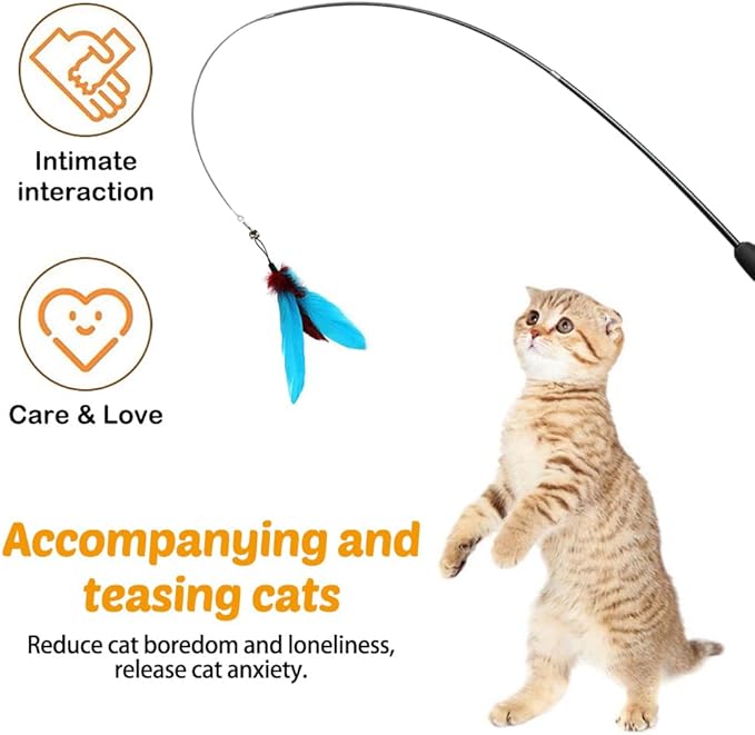 MiOYOOW Cat Toys Wand, Retractable Cat Rod 3-Section Interactive Cat Toys with EVA Non-Slip Handle for Indoor Cats Kittens(Not Include Replacement)