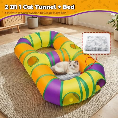 Cat Tunnel for Indoor Cats 8-Shaped, Collapsible Cat Playhouse Pet Play Tunnel Tube Maze with Hanging Pom-poms and Interactive Hole for Kitten, Kitty, Puppy, Rabbits, Ferret, Guinea Pig - Image 6