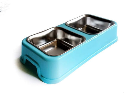 Pet Supplies Dog and Cat Rectangular Stainless Steel Food Double Bowl Drinking Bowl with Plastic Base(L-Rectangle-Blue)