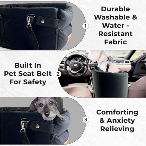 Center Console Dog Car Seat for Small Dogs and Puppies 5-13Lbs, Ideal Armrest Booster Car Travel Seat with Safety Protection Seat Belts, Storage Pockets - Reduces Anxiety (Black) - Image 3