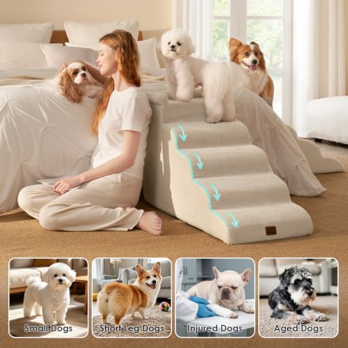 EHEYCIGA 5-Step Curved Dog Stairs for High Beds 20.7" H, Beige - Image 2