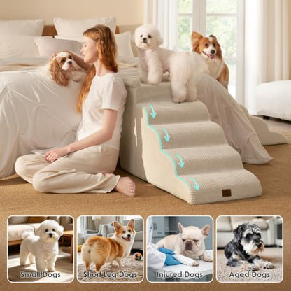 EHEYCIGA 5-Step Curved Dog Stairs for High Beds 20.7" H, Beige - Image 2