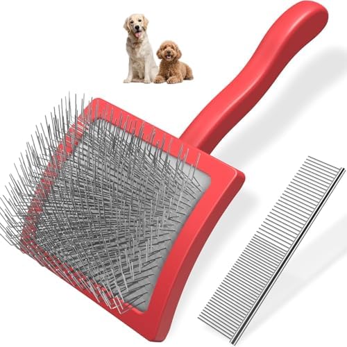 2PCS Slicker Brush for Dogs & Pet Comb,Professional Dog Grooming Brush (Goldendoodles,Poodles,Labradoodles) with Extra Long Pins to Effectively Remove Tangles, Knots and Mats (Red, Large) by Unknown