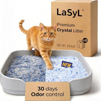 LaSyL Crystal Cat Litter for Multi-Cat Households - Silica Gel, 30-Day Odor Control, 99.9% Dust-Free Non-Clumping Low Tracking Lightweight Unscented Formula 34.4 lb (8 Bags x 4.3lb) by LaSyL