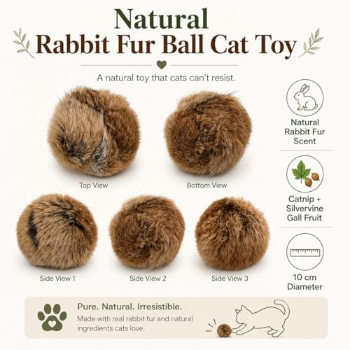 Rabbit Fur Ball Cat Toy, 10cm Natural Rabbit Fur Catnip Silvervine Gall Fruit Toy, Soft Scented Interactive Cat Ball for Indoor Cats & Kittens, Batting Chasing Rolling Play - Image 2