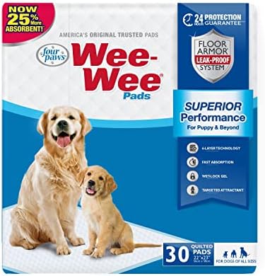 Four Paws Wee-Wee Superior Performance Unscented Puppy Pee Pads for Dogs & Puppies, Quilted Leak-Proof Dog Housebreaking Potty Training Floor Protection, Pet Supplies, 22" x 23", 30 Count by FourPaws