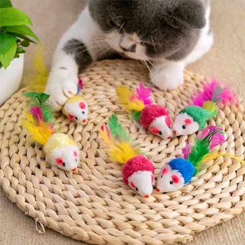 Cat Toys, 6 Pack Furry Rattle Mouse Toy Interactive Cat Toy with Feather Tail, 6 Assorted Faux Fur Kitten Toy 5.5” Realistic Size Mini Mice Cat Toy for Bored Indoor Adult Cat - Image 4
