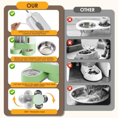 2 in 1 Automatic Gravity Cat Dog Feeder and Water Dispenser with 304 Stainless Steel Bowls, 360 Degree Rotatable Auto Food with 2 Specialized Brushes for Small Medium Pet Dog Puppy Kitten (Green) - Image 2