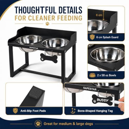 Mess Proof Elevated Dog Bowls for Medium and Large Dogs - Non-Spill Design - 10'' Tall Raised Dog Food Bowl Stand with Two 58oz Stainless Steel Bowls - Image 5