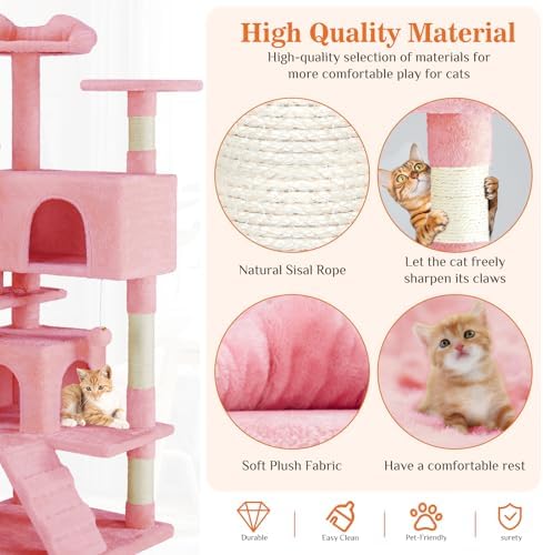 Sweetcrispy 54-Inch Cat Tree Tower – Multi-Level with Sisal Scratching Post, Perfect Pet Gift, Indoor Condo with Climbing Ladder, Plush Toy, and More Animal Stuff, Pink - Image 2