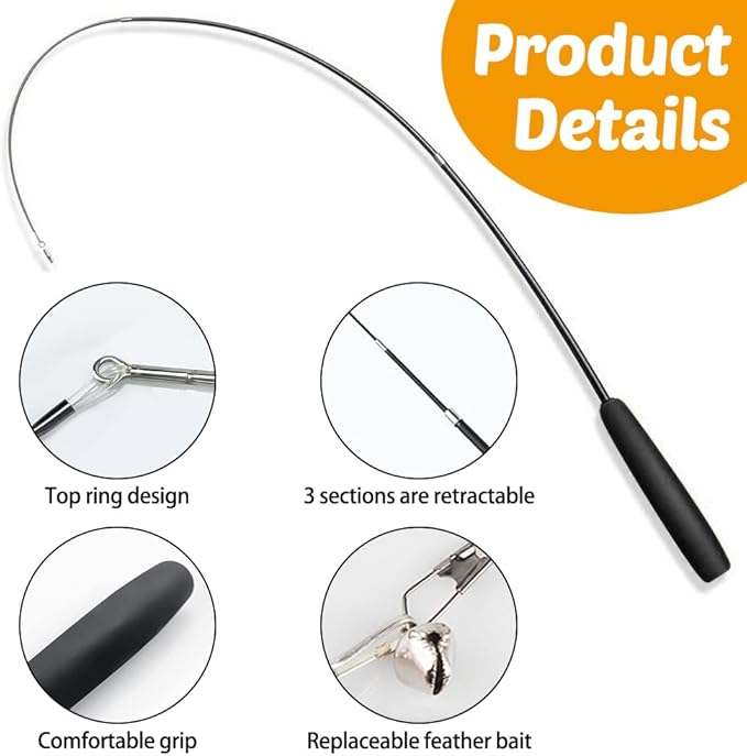 MiOYOOW Cat Toys Wand, Retractable Cat Rod 3-Section Interactive Cat Toys with EVA Non-Slip Handle for Indoor Cats Kittens(Not Include Replacement)
