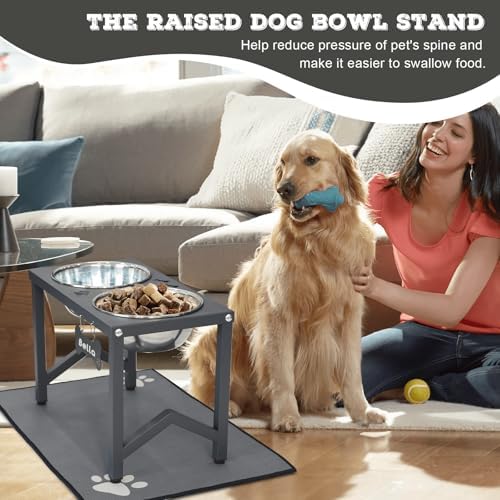 Elevated Dog Bowls, Metal Raised Dog Bowl Stand with 2 Thick 58oz Stainless Steel Food Bowls & Non-Slip Mat - 11.8" Tall for Medium/Large Breeds(Grey) - Image 7