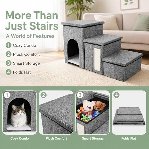 Dog Stairs for Small Dogs, 3 Tiers Dog Step with Storage, Foldable Older Cat Ramp with Condo Cat Scratcher, Portable Pet Ladder for High Bed Couch Chair Car, Up to 165 Lbs, 17 Inch - Image 5