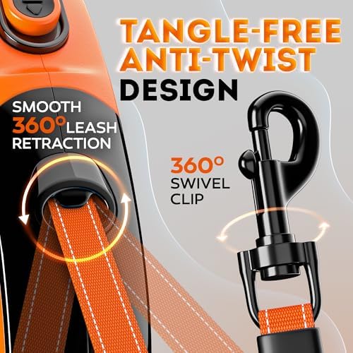 Retractable Dog Leash 16.4 ft – 360° Tangle-Free Design – Heavy Duty Reflective Leash – Soft Anti-Slip Grip Outdoor Daily for Small Medium Dogs up to 50 lbs (Orange) - Image 4