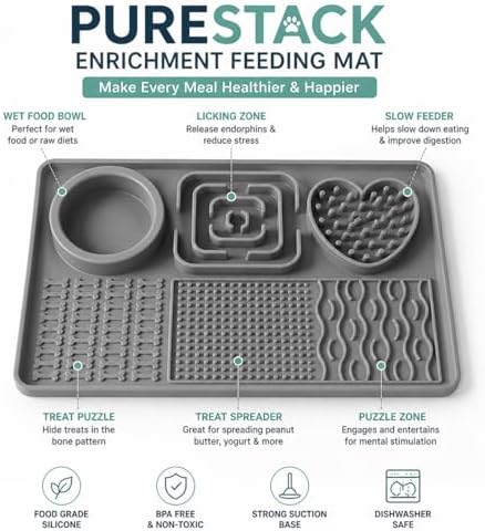 6-Zone Dog Lick Mat & Slow Feeder – Silicone Enrichment Feeding Mat for Dogs & Cats – Anxiety Relief, Slows Eating, Suction Cup, Dishwasher Safe – BPA Free Pet Feeding Mat (Grey) - Image 2