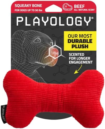 Playology Durable Plush Bone Toy - Crinkle Bone - Medium, Beef Scent by Playology
