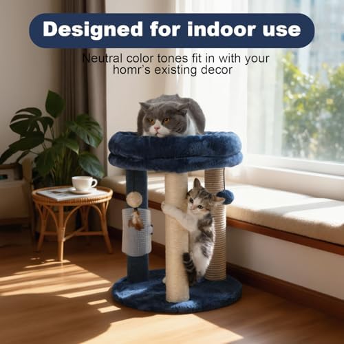 MECOOL Cat Scratching Post Tree with Tower Soft Bed.Natural Quality Sisal Carpet Jute Scratch Posts with Three Hanging Ball Toys and Massage Brush for Indoor Cats and Kittens Blue - Image 5