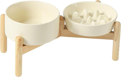 Ceramic 0.9 Cup Raised Slow Feeder Dog Bowl Set, Elevated 6.1inch Slow Dish and 6.1inch Water Bowl with Wooden Stand for Small Dogs (2 x Light Yellow+ Stand)