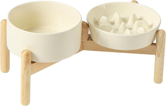 Ceramic 0.9 Cup Raised Slow Feeder Dog Bowl Set, Elevated 6.1inch Slow Dish and 6.1inch Water Bowl with Wooden Stand for Small Dogs (2 x Light Yellow+ Stand)