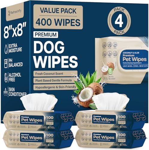 REFRESHIFY Dog Wipes for Paws and Butt - Coconut Scented (Pack of 400) - Pet Wipes for Dogs and Cats - Deodorizing Non Toxic Dog Wipes, +12 Additional Travel Wipes by Unknown