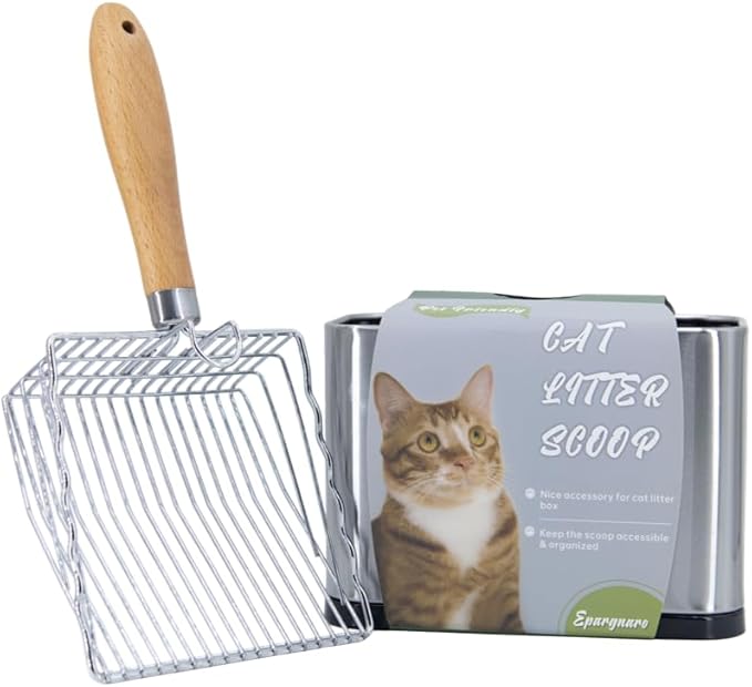 Metal Cat Litter Scoop with Holder, Stainless Steel Cat Litter Scooper Holder Trash Container, Heavy-Duty Kitty Poop Scooper with Coarse and Fine Grids for All Litter Pan