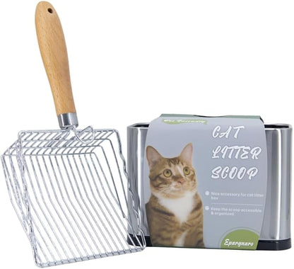 Metal Cat Litter Scoop with Holder, Stainless Steel Cat Litter Scooper Holder Trash Container, Heavy-Duty Kitty Poop Scooper with Coarse and Fine Grids for All Litter Pan