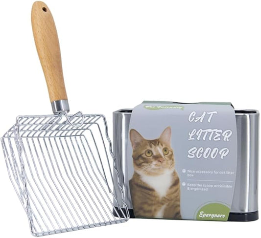 Metal Cat Litter Scoop with Holder, Stainless Steel Cat Litter Scooper Holder Trash Container, Heavy-Duty Kitty Poop Scooper with Coarse and Fine Grids for All Litter Pan
