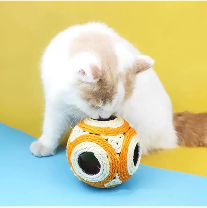 1x Hemp Ball Cat Toy,Six-Hole Hollow-Out Designed,Sisal Hemp Woven Cat Toy, Plume Bell Inside,Special Kitten Chew Toys for Indoor Cats,Interactive pet (Yellow, 12cm Ball)
