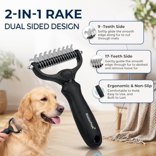 3-in-1 Pet Grooming Kit Rake Metal Comb & Bath Brush Black - Image 2