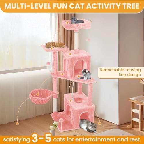 54-Inch Cat Tree Tower with 2 Caves & 2 Pompoms - Multi-Level Tower for Indoor Cats, Soft Plush Condo with Scratching Posts - Sturdy Base for Large Cats(Pink) - Image 5