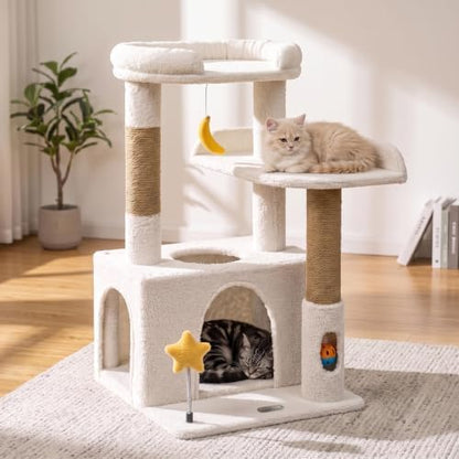 30" Kitten Cat Tower, Compact Beige Cat Tree with Condo & Perch - Image 4