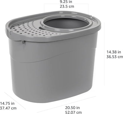 Amazon Basics Large Cat Litter Box with High Sides, Top Entry, Odor Control, Includes Scoop, 20.5 x 14.75 x 14.38 inches, Grey