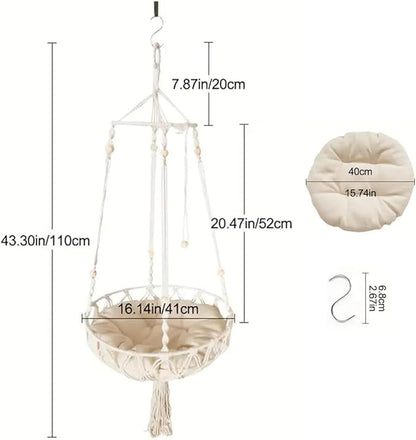 Cat Hammock Bed,Handwoven Hanging Boho Cat Bed with Hanging Kit for Indoor Outdoor Home Decor Ceiling Catio Swing for Playing Sleeping Climbing and Lounging(16.14x43.3in)